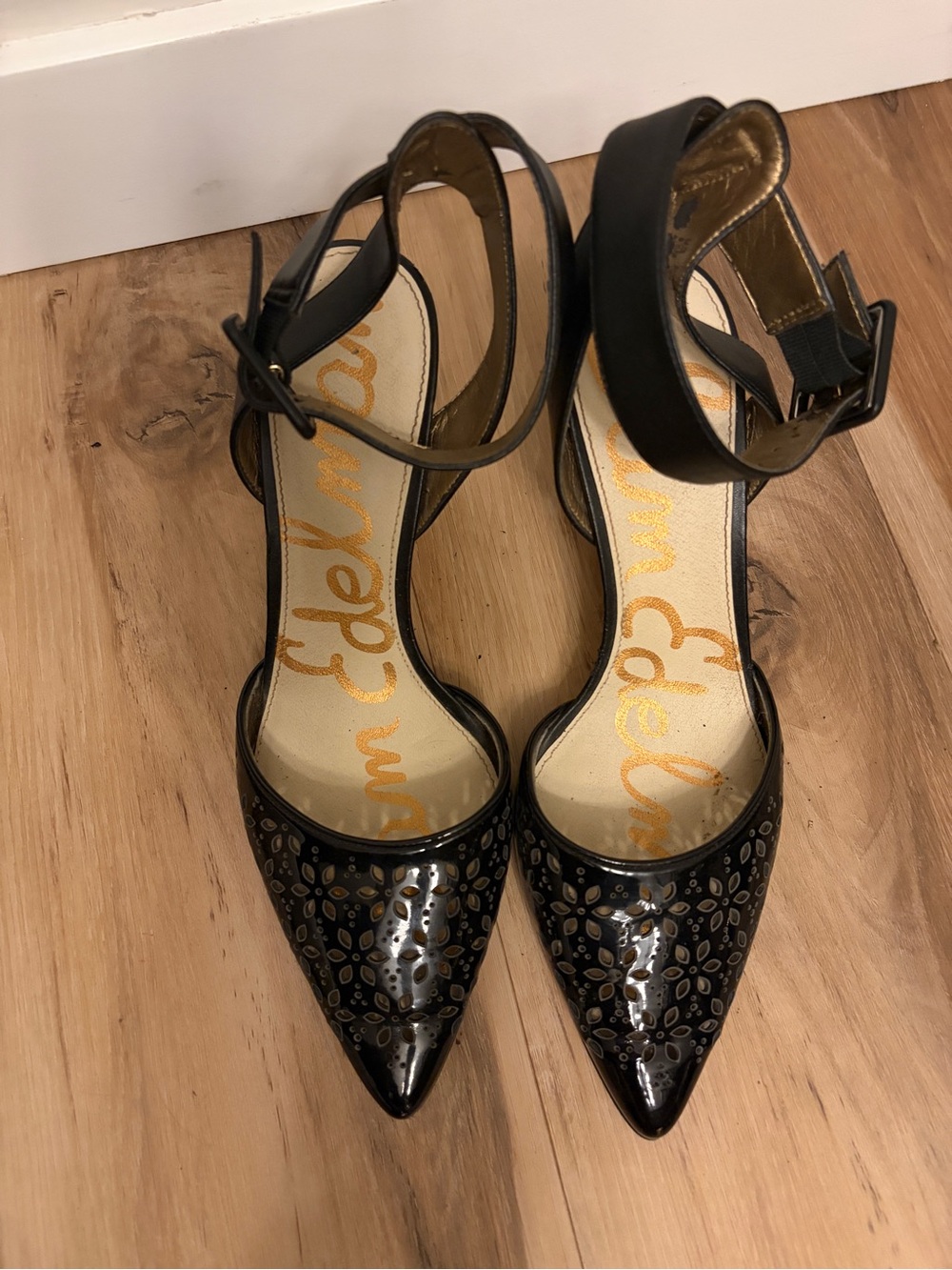 Sam Edelman Black Patent Pointed Ankle-Strap Odynna Heels